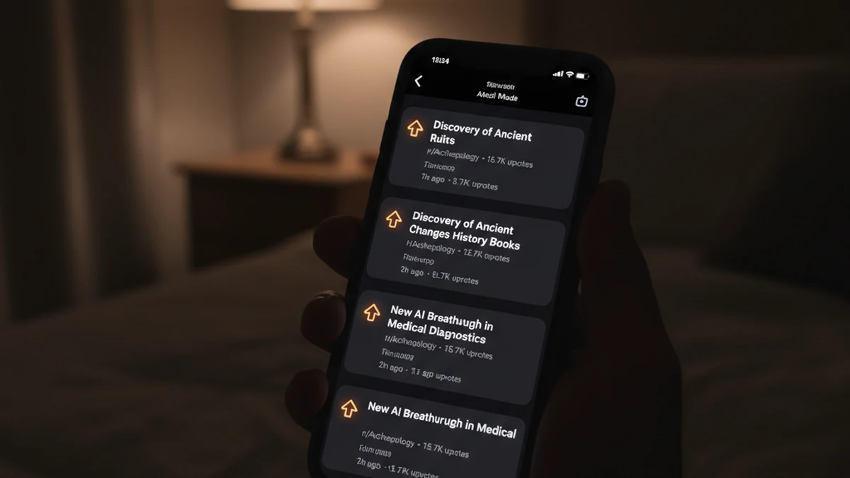 iPhone displaying Reddit in a comfortable true dark mode inside Safari at night