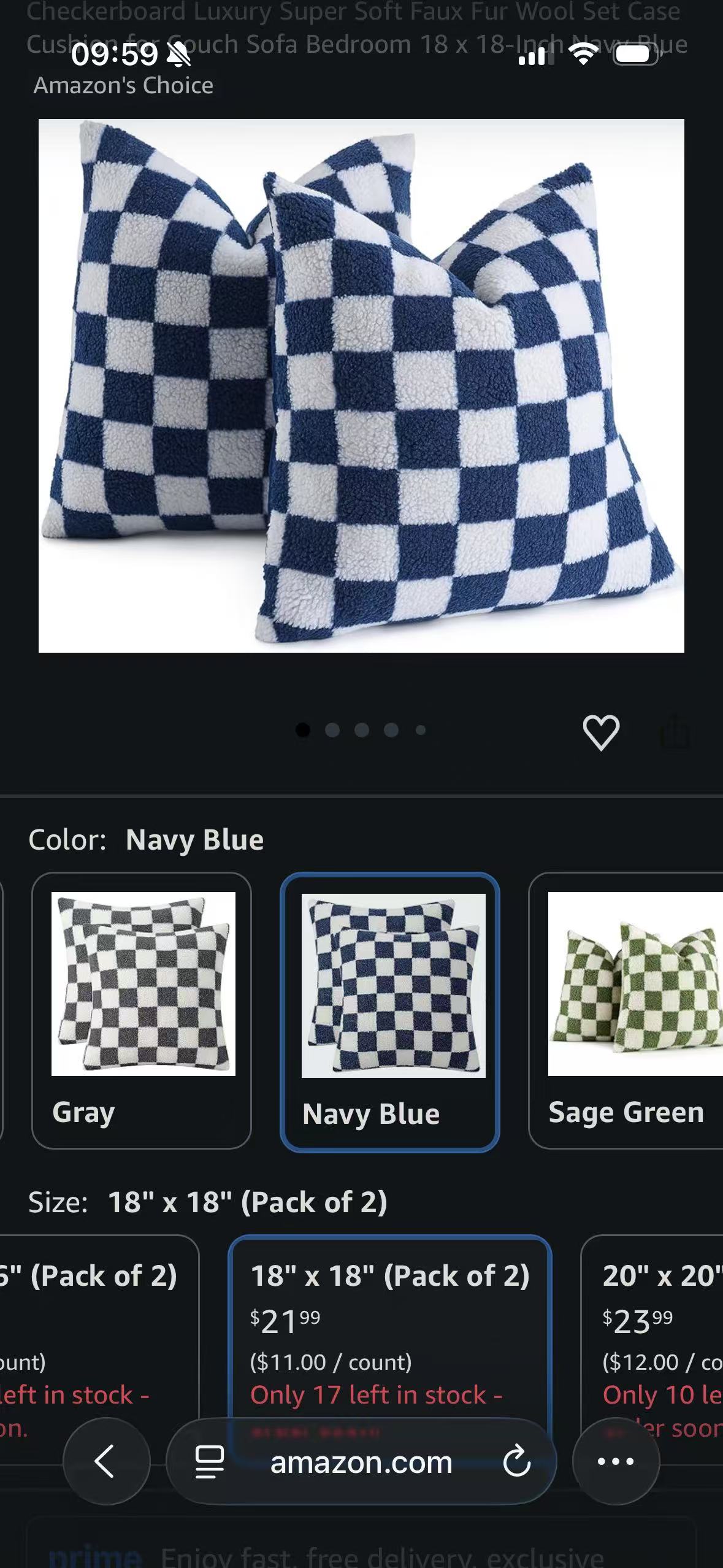 The same Amazon product and selected Navy Blue variant after the light page is adapted by a Safari dark mode extension