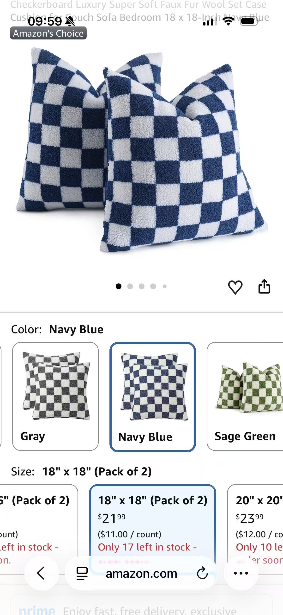 A checkerboard pillow-cover product page using Amazon's light presentation in Safari on iPhone