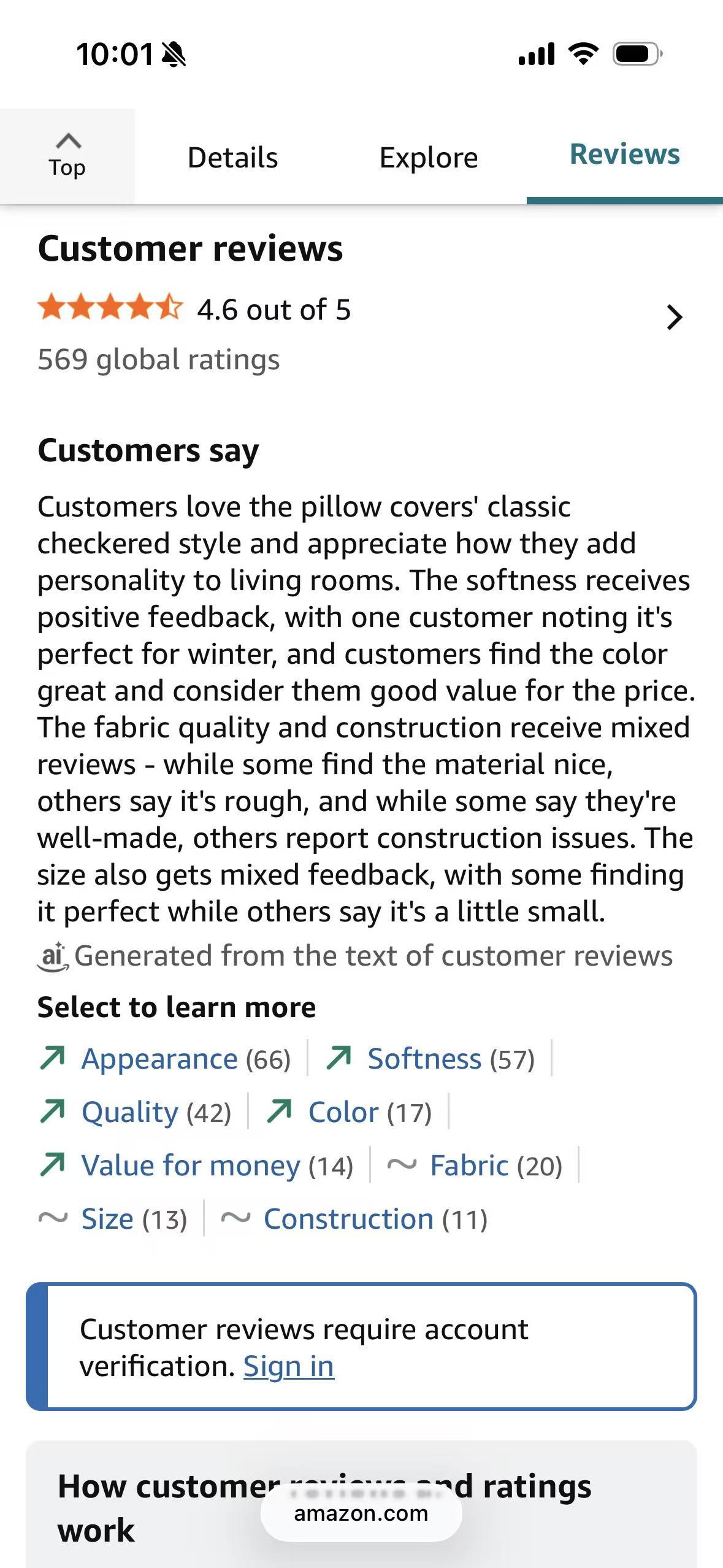 The Customer reviews section using Amazon's light presentation in Safari on iPhone