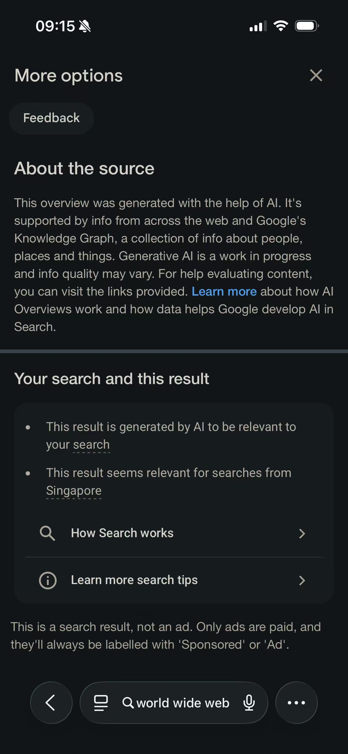 The same AI Overview panel after Google Search Light is adapted by a Safari dark mode extension