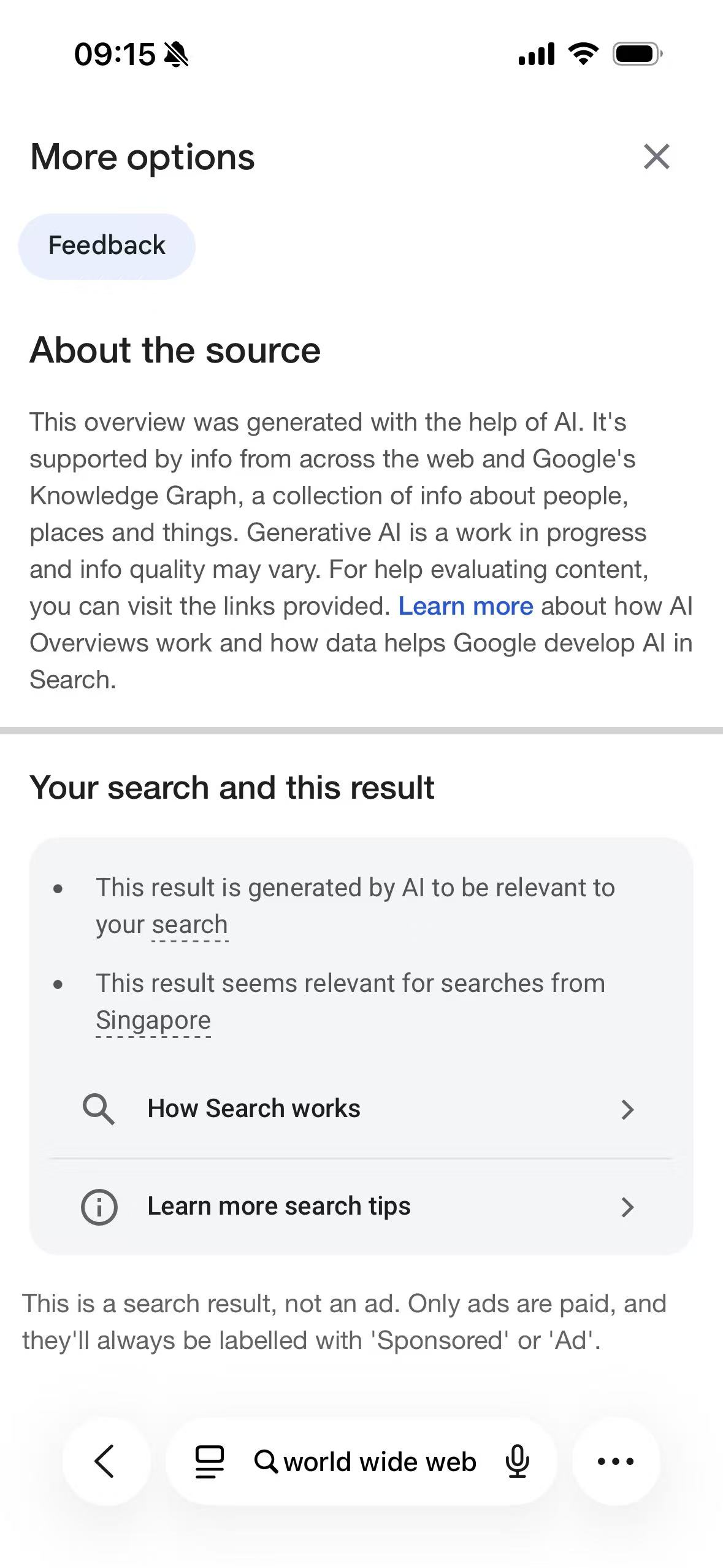 The AI Overview More options panel using Google Search's Light appearance