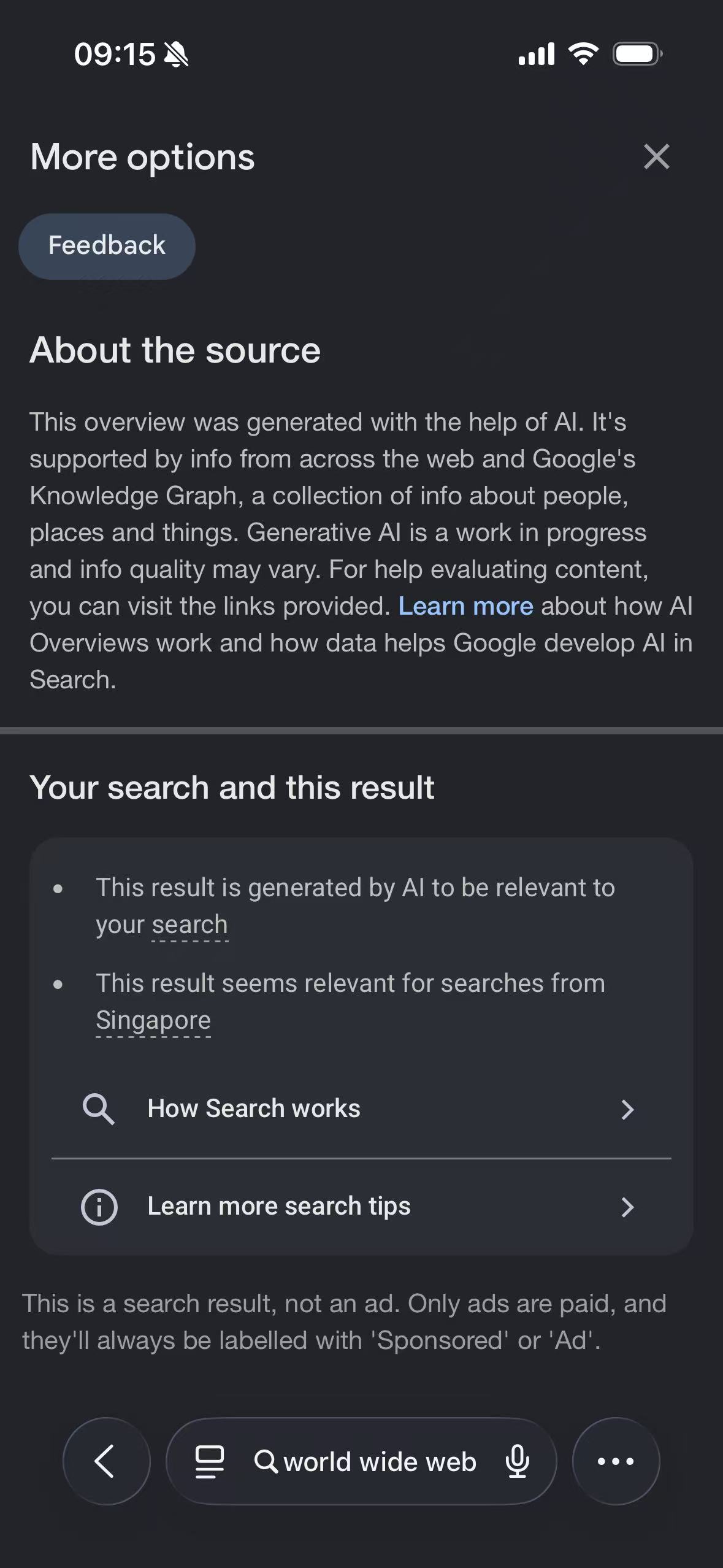 The same AI Overview panel using Google Search's own Dark appearance