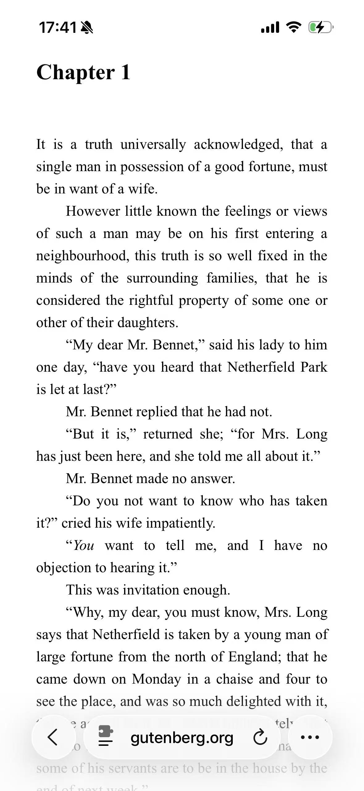 Chapter 1 of Pride and Prejudice in Project Gutenberg's original light presentation in Safari on iPhone