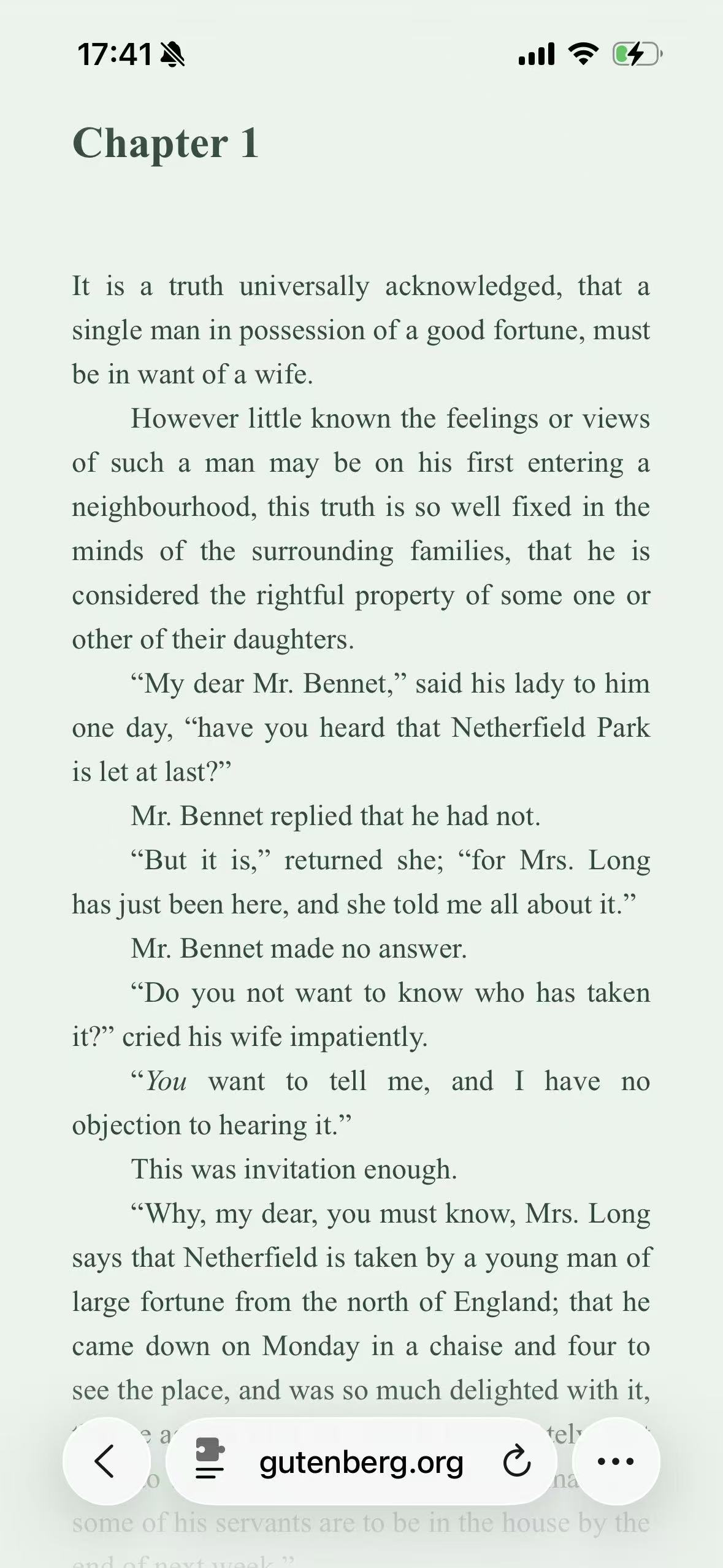 The same chapter and viewport adapted with the Mint theme in Safari on iPhone