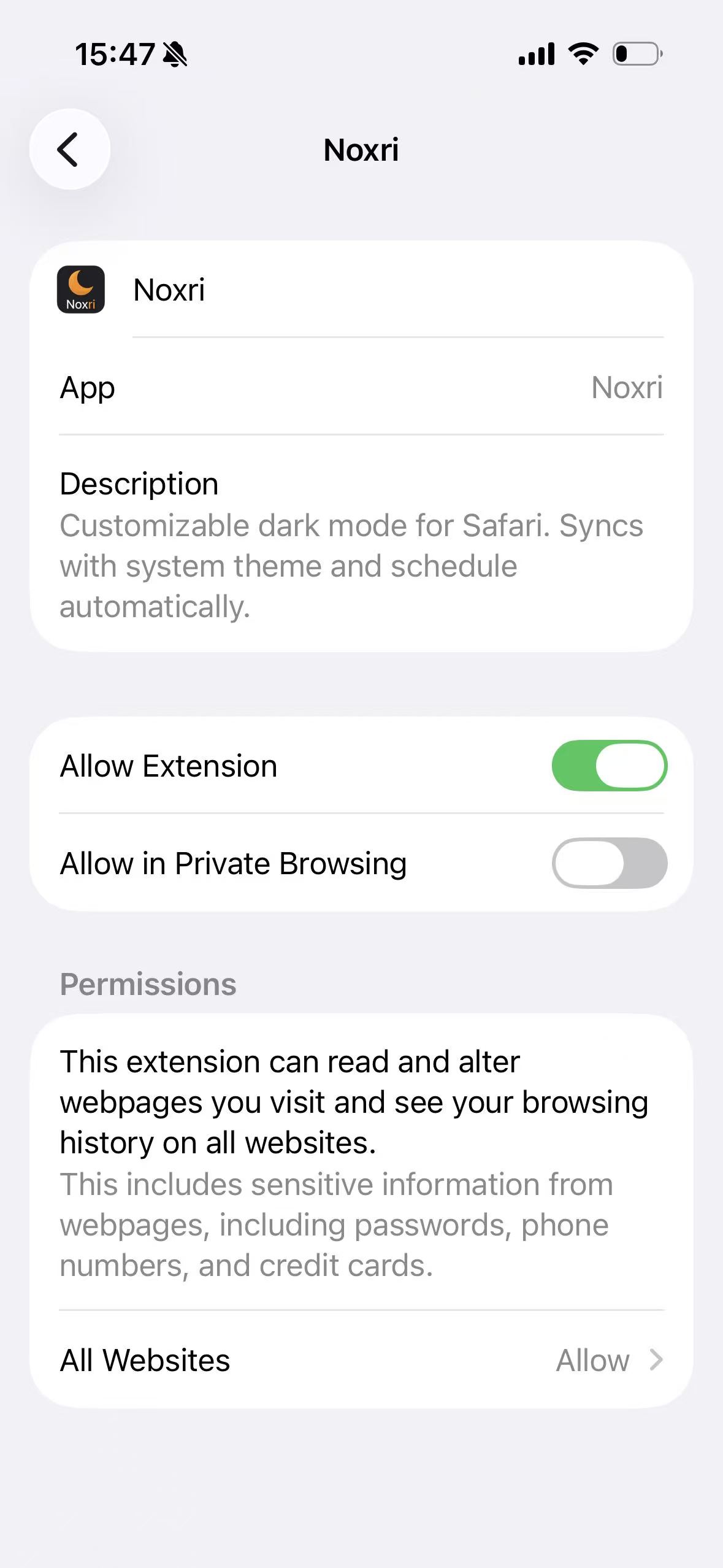 Noxri Safari extension settings on iPhone with Allow Extension turned on