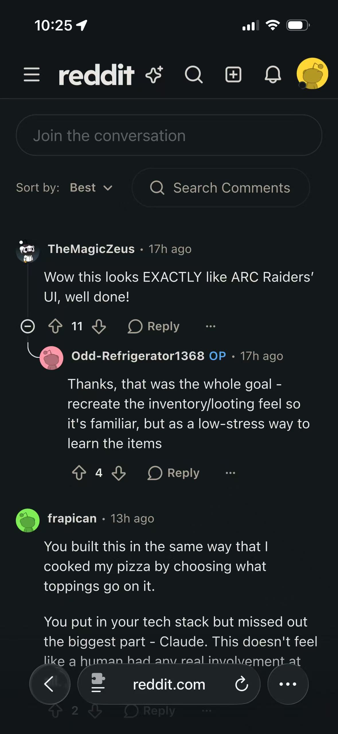 Reddit returned to Light and the same nested comment thread adapted by a Safari dark mode extension