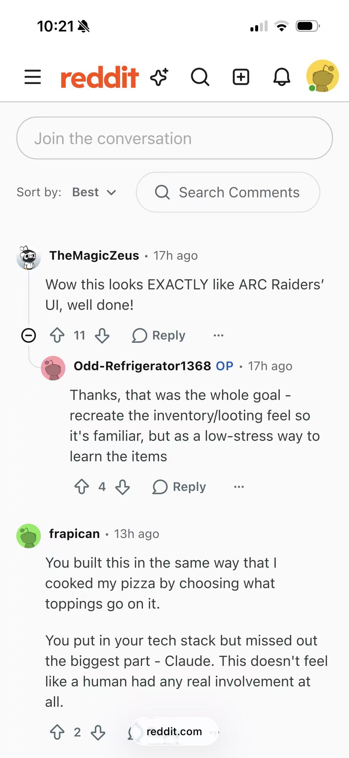 A nested Reddit comment thread using Reddit's Light appearance in Safari on iPhone