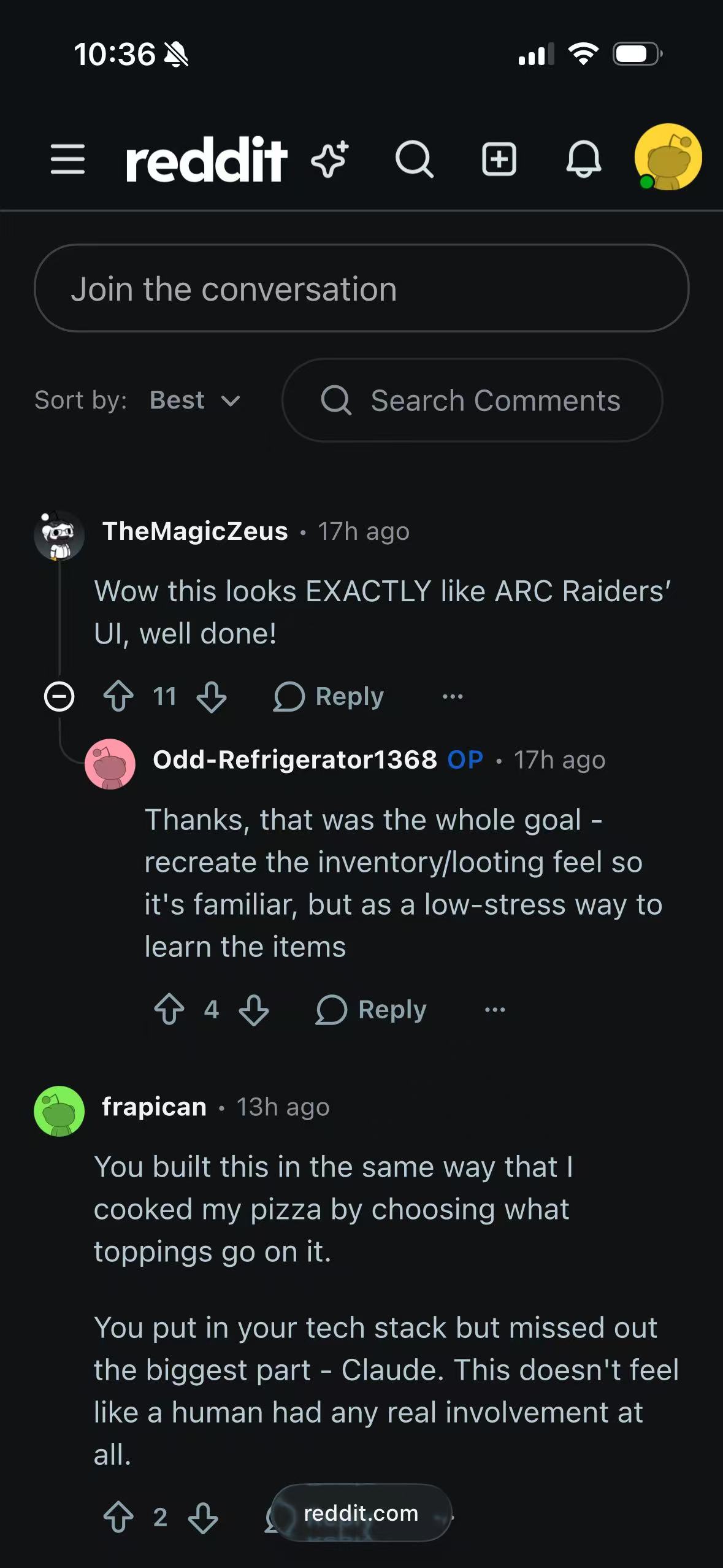 The same nested comment thread using Reddit's own Dark appearance in Safari on iPhone