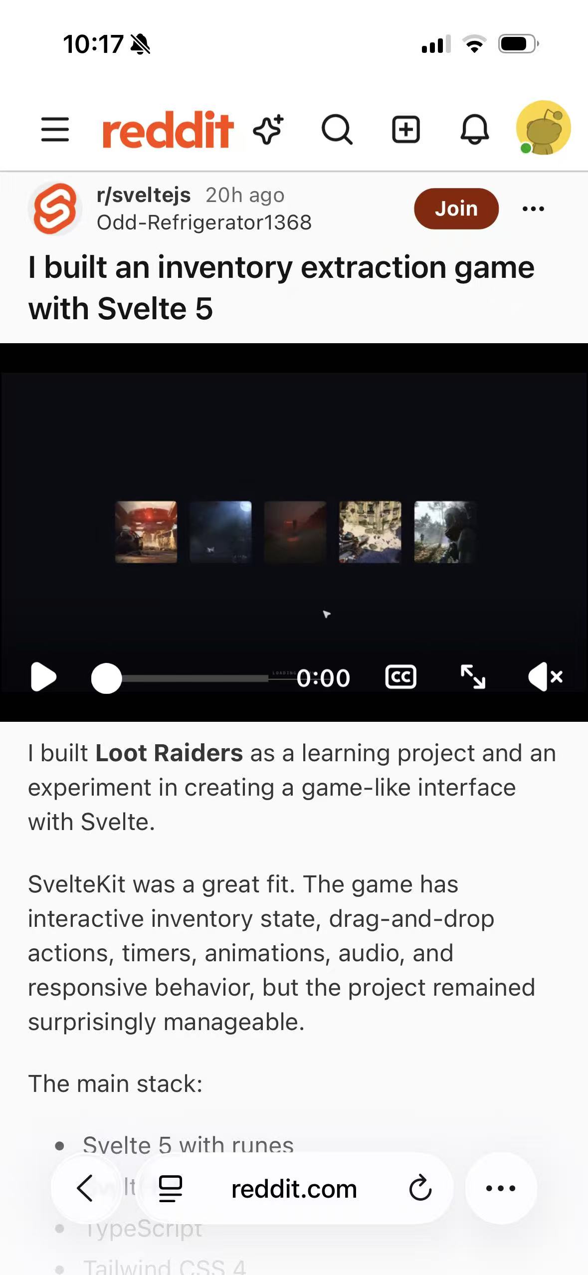 A public Reddit post with its title, video player, and text body using Reddit's Light appearance in Safari on iPhone