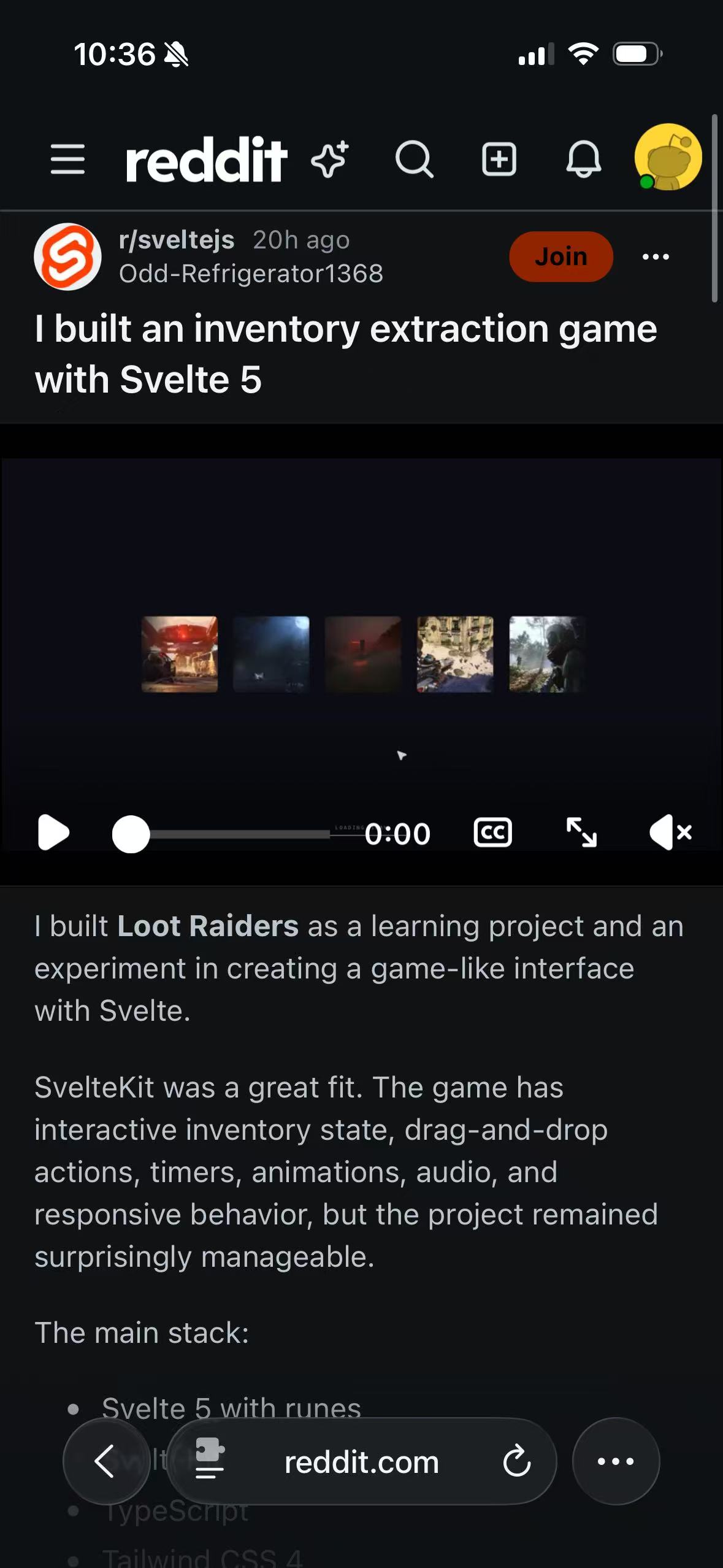 The same public Reddit post using Reddit's own Dark appearance in Safari on iPhone