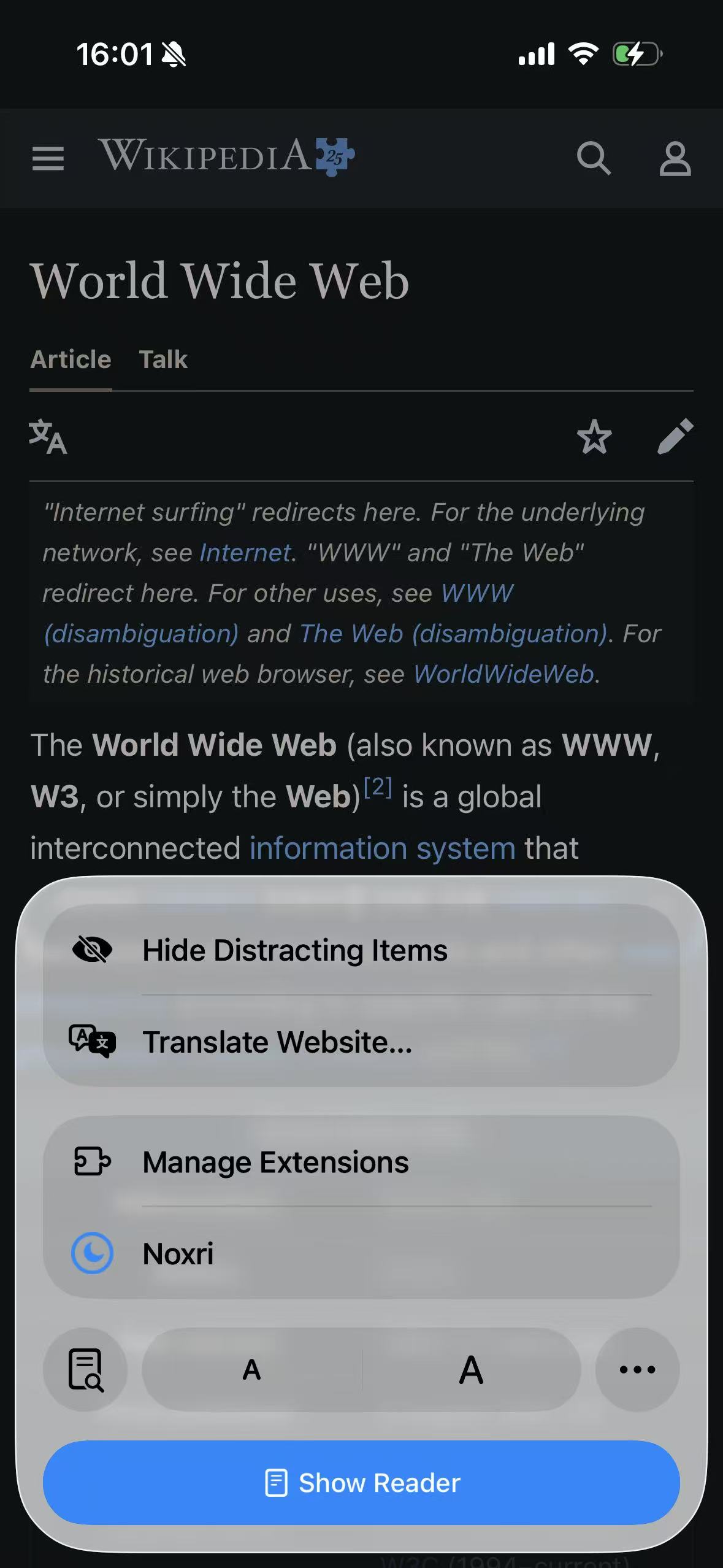 Safari Page Menu on an iPhone showing Manage Extensions and the enabled Noxri extension