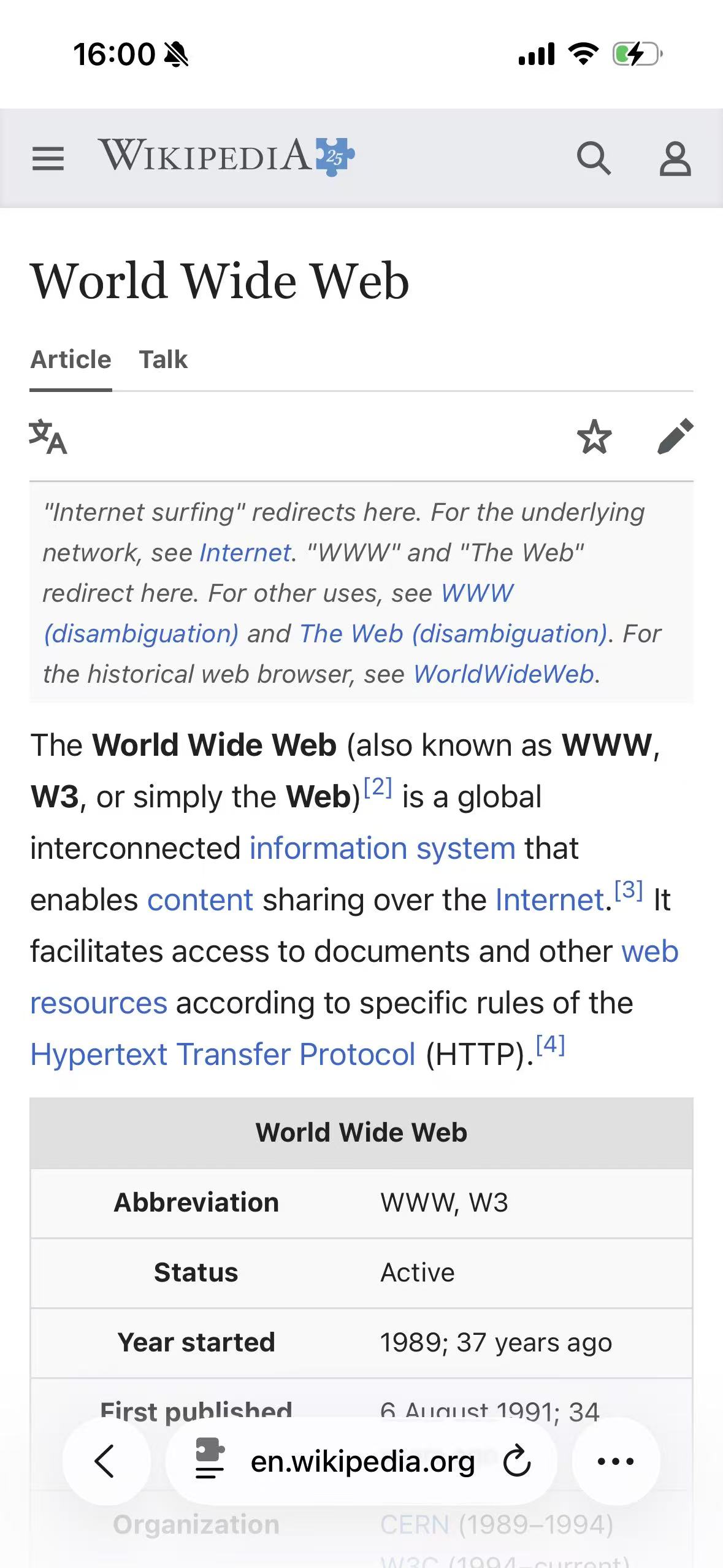 The Wikipedia World Wide Web article using Wikipedia's Light appearance in Safari on iPhone