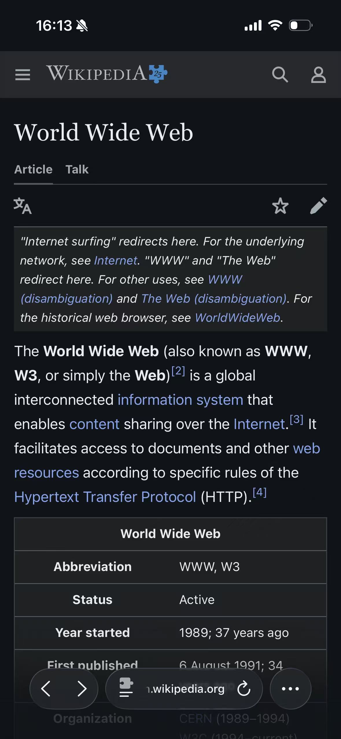 The Wikipedia World Wide Web article using Wikipedia's own Dark appearance in Safari on iPhone