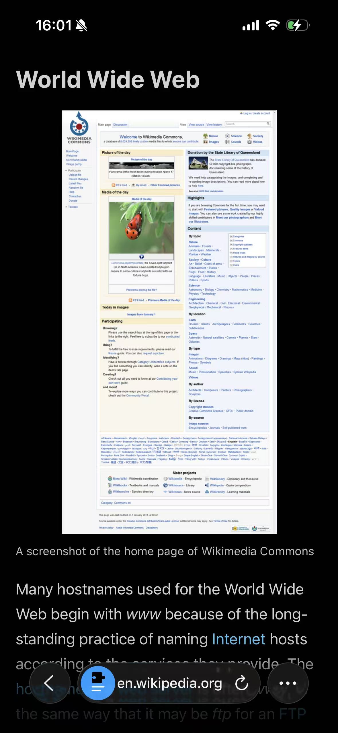 Safari Reader showing the Wikipedia World Wide Web article with a dark reading background on iPhone