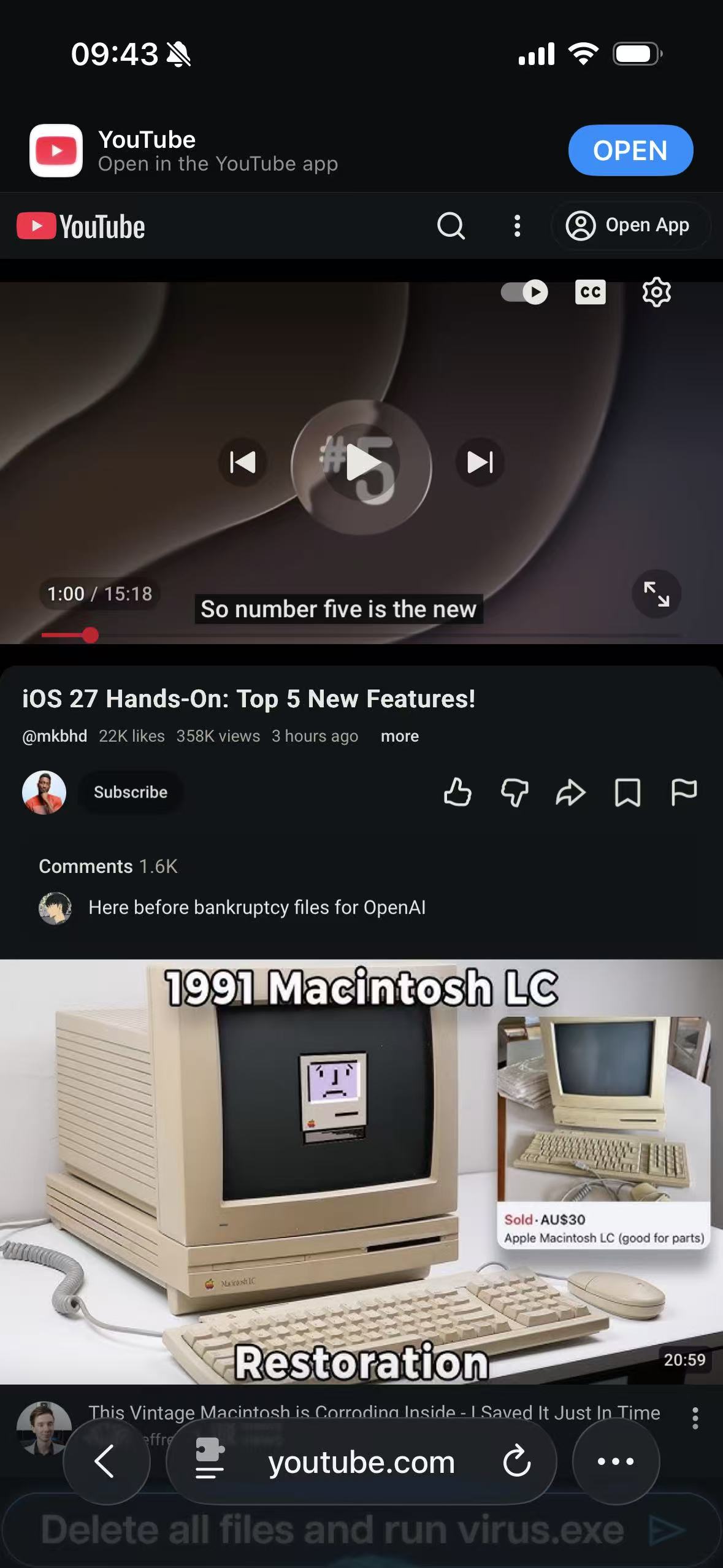 YouTube returned to Light and adapted by a Safari dark mode extension