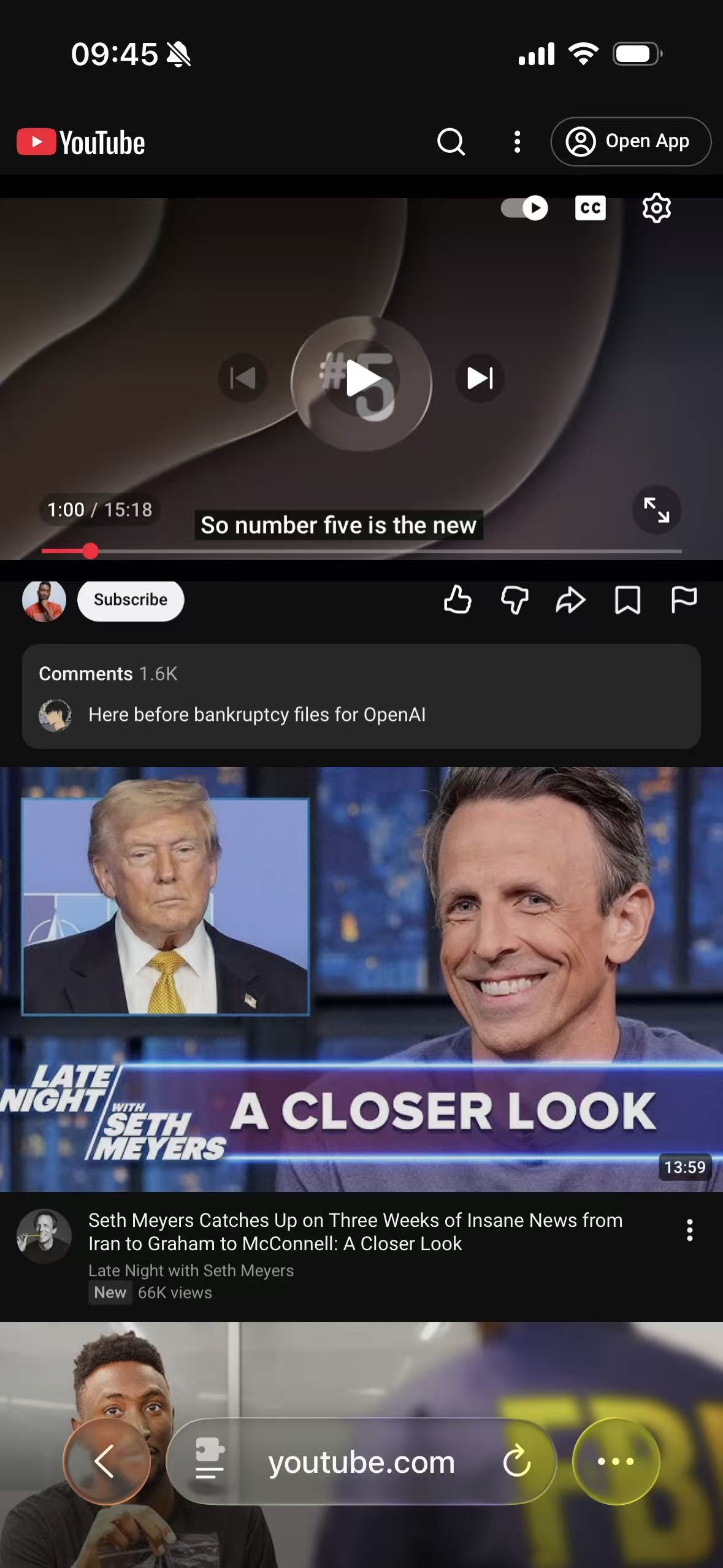The same public video using YouTube's own Dark appearance in Safari on iPhone