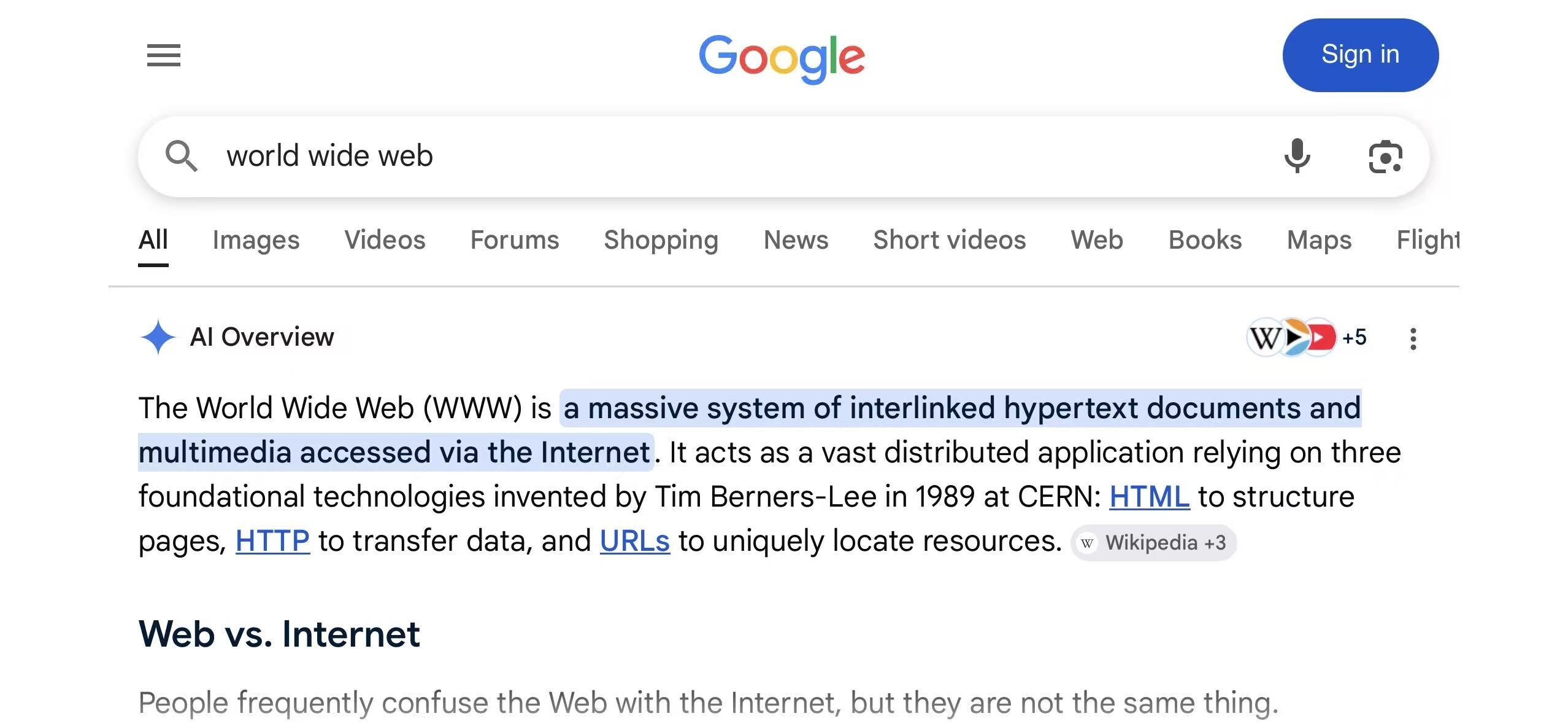 Google Search results for World Wide Web in the Light appearance on iPhone